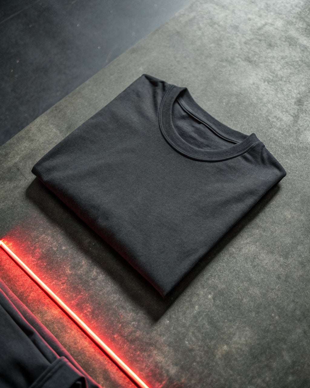Folded charcoal cotton t-shirt on dark concrete with a red light accent