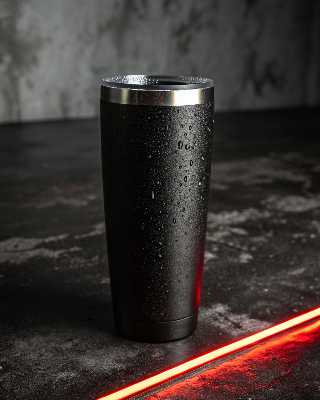 Matte black insulated tumbler on dark concrete with a red neon strip