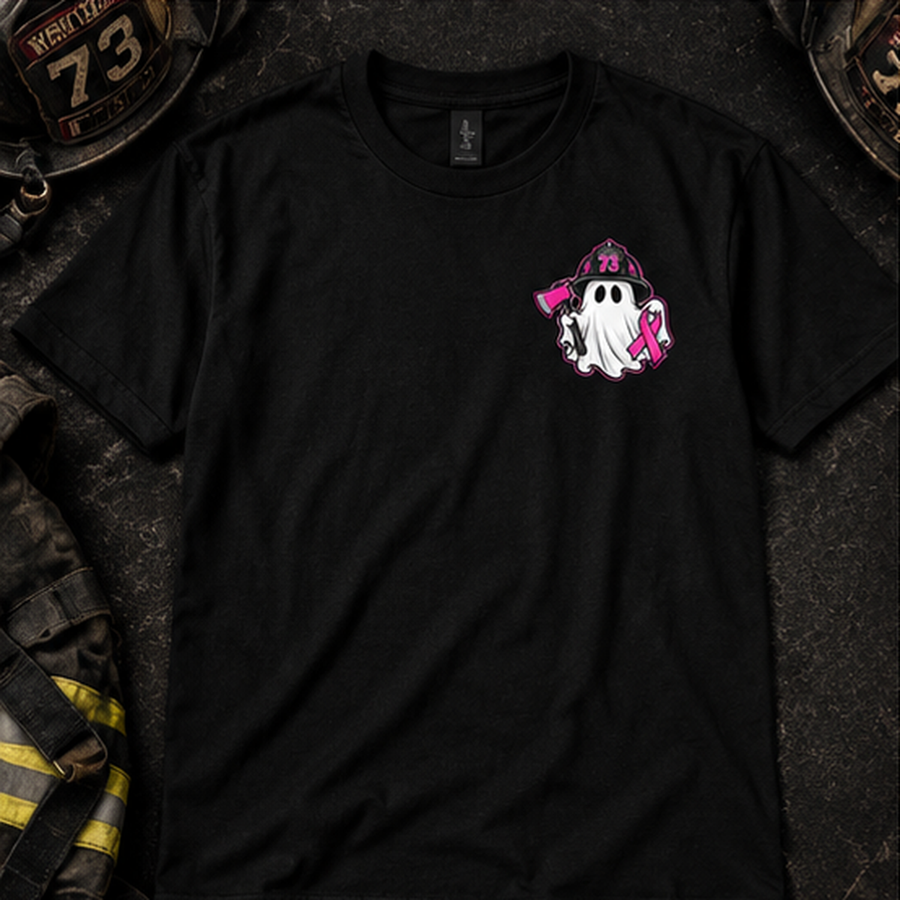 Courage Never Rests Firefighter Tee | Breast Cancer Awareness Ghost Graphic Shirt - Pink Ribbon First Responder Gift for Firefighters