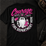 Courage Never Rests Firefighter Tee | Breast Cancer Awareness Ghost Graphic Shirt - Pink Ribbon First Responder Gift for Firefighters