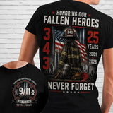 343 Never Forget 25 Years Shirt, 9/11 Firefighter Memorial T-Shirt, Honoring Our Fallen Heroes Tribute Tee, Patriot Remembrance Gif