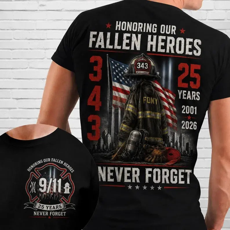 343 Never Forget 25 Years Shirt, 9/11 Firefighter Memorial T-Shirt, Honoring Our Fallen Heroes Tribute Tee, Patriot Remembrance Gif