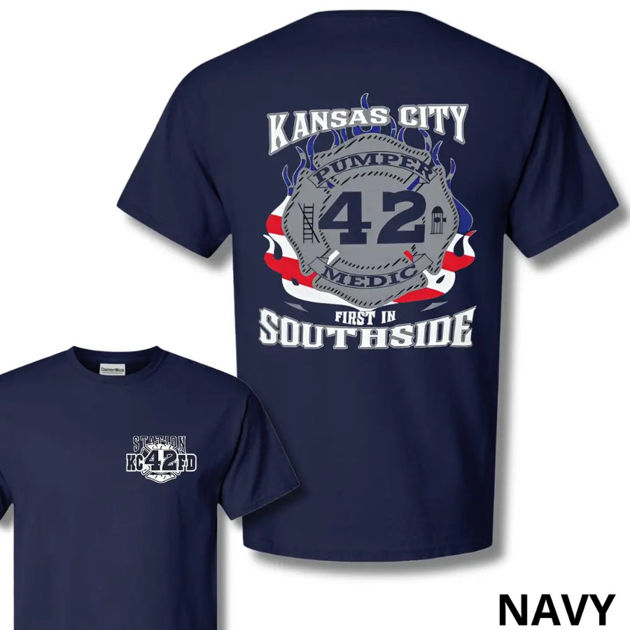 Kansas City Station 42 Pumper Medic Shirt - First In Southside Hoodie — unisex graphic t-shirt, printed to order