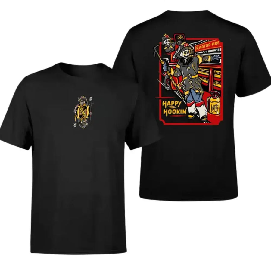 Happy Hookin' Firefighter T-Shirt — unisex graphic t-shirt, printed to order