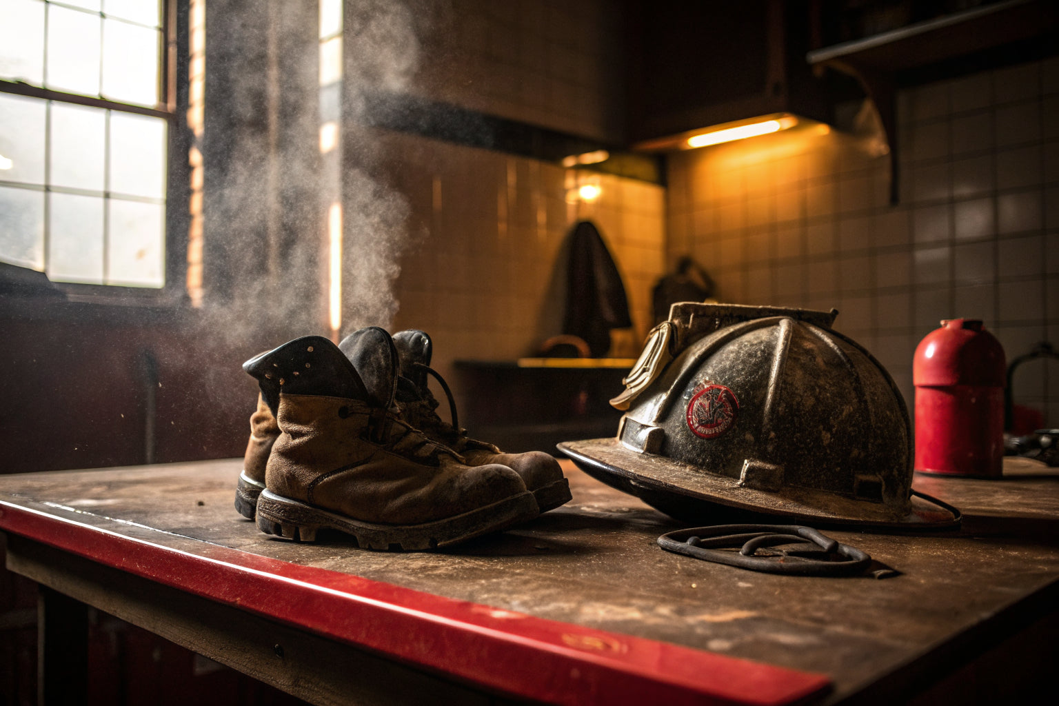 Worn firefighter helmet and boots on a wooden fire station kitchen table