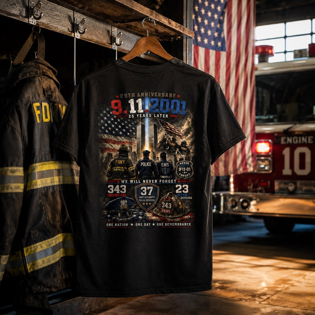 9/11 25th Anniversary Tee - We Will Never Forget Firefighter Police EMS Tribute