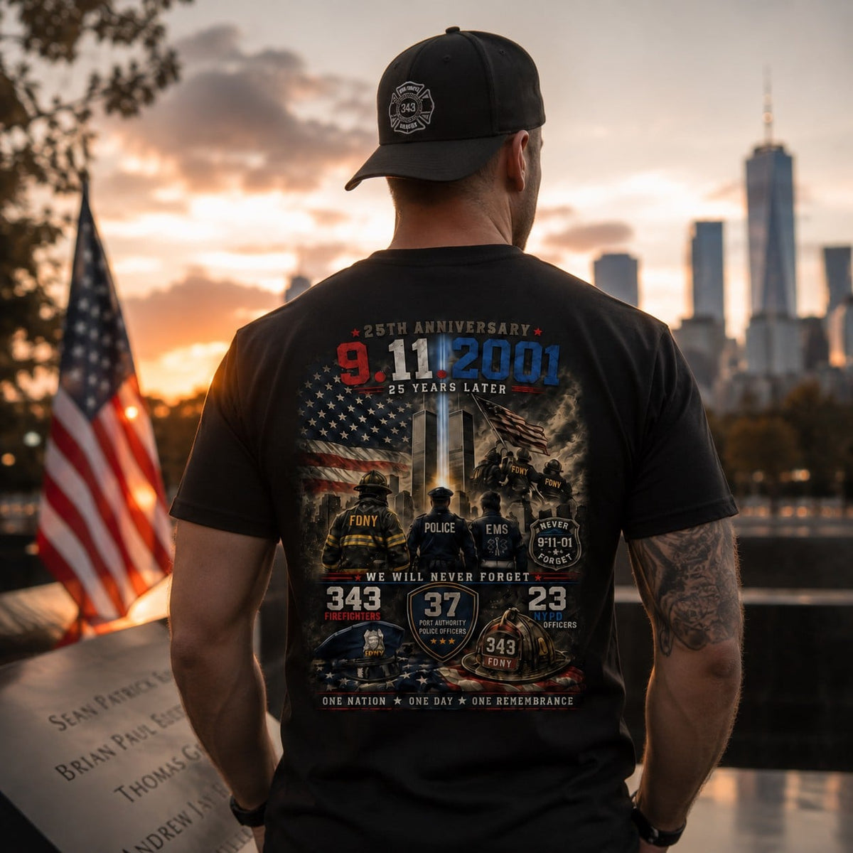 9/11 25th Anniversary Tee - We Will Never Forget Firefighter Police EMS Tribute