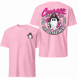 Courage Never Rests Firefighter Tee | Breast Cancer Awareness Ghost Graphic Shirt - Pink Ribbon First Responder Gift for Firefighters
