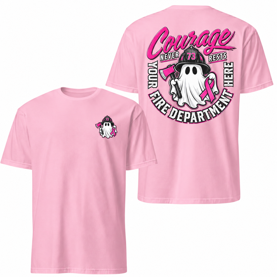 Courage Never Rests Firefighter Tee | Breast Cancer Awareness Ghost Graphic Shirt - Pink Ribbon First Responder Gift for Firefighters