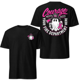 Courage Never Rests Firefighter Tee | Breast Cancer Awareness Ghost Graphic Shirt - Pink Ribbon First Responder Gift for Firefighters