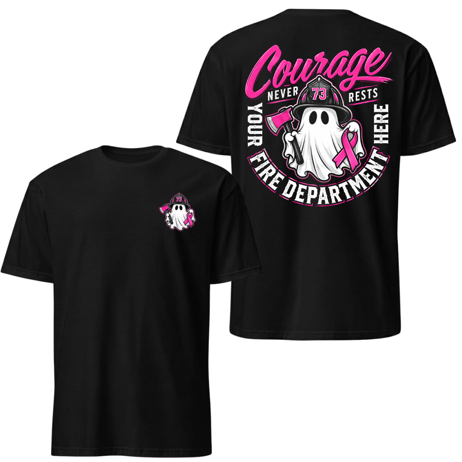 Courage Never Rests Firefighter Tee | Breast Cancer Awareness Ghost Graphic Shirt - Pink Ribbon First Responder Gift for Firefighters