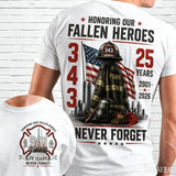343 Never Forget 25 Years Shirt, 9/11 Firefighter Memorial T-Shirt, Honoring Our Fallen Heroes Tribute Tee, Patriot Remembrance Gif 2