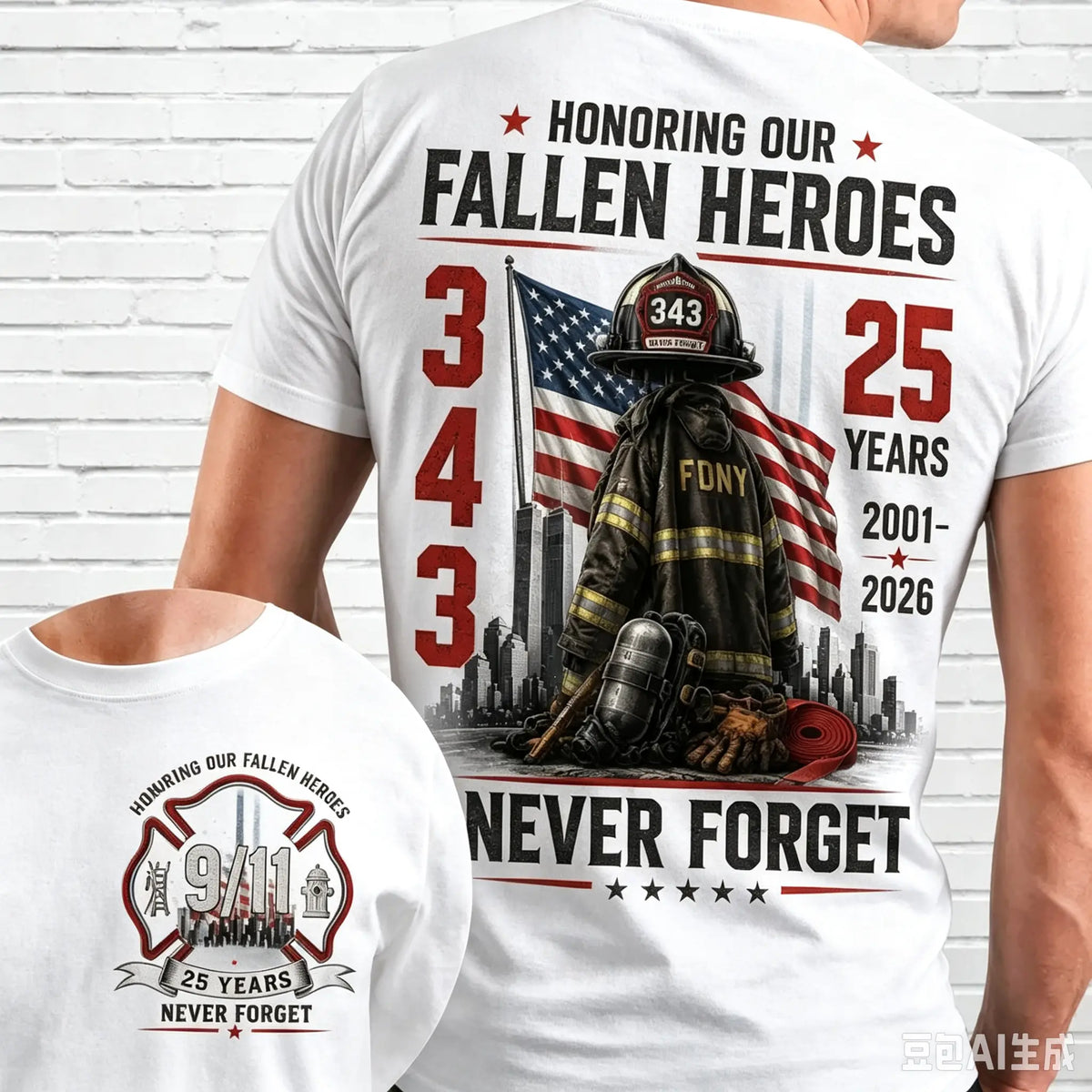 343 Never Forget 25 Years Shirt, 9/11 Firefighter Memorial T-Shirt, Honoring Our Fallen Heroes Tribute Tee, Patriot Remembrance Gif 2