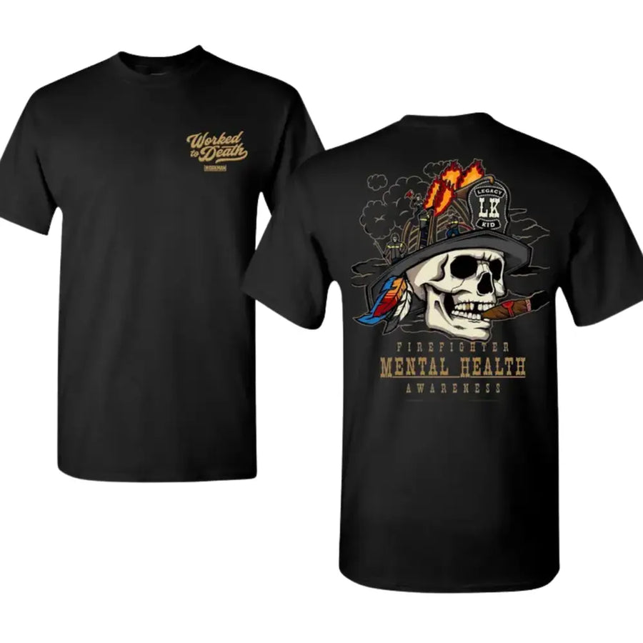 Firefighter Mental Health Awareness Shirt - Worked To Death Graphic Tee — unisex graphic t-shirt, printed to order